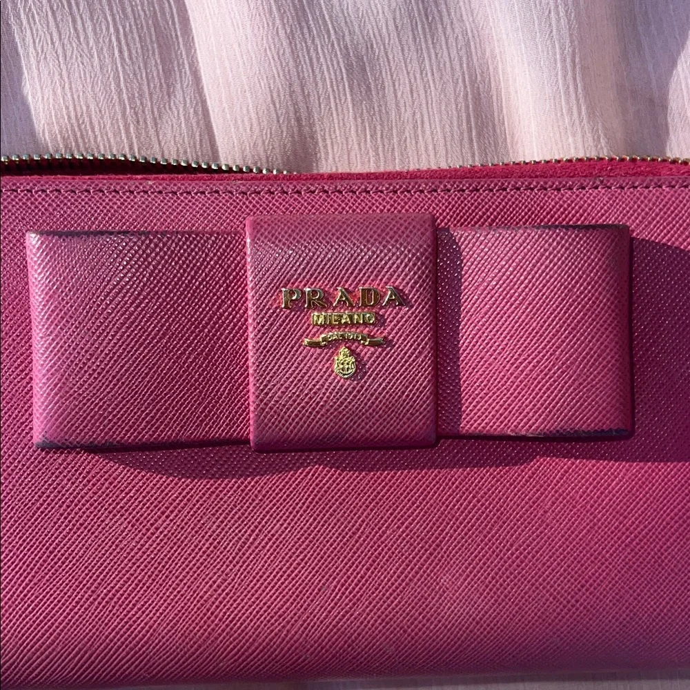 Prada Pink Fuchsia Bow Saffiano Leather  Zippy Wallet
